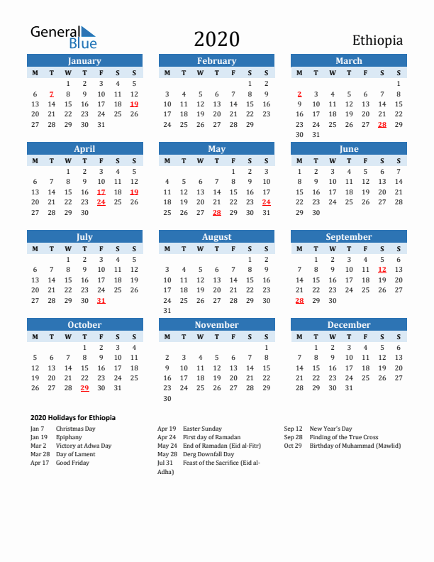 Printable Calendar 2020 with Ethiopia Holidays (Monday Start)