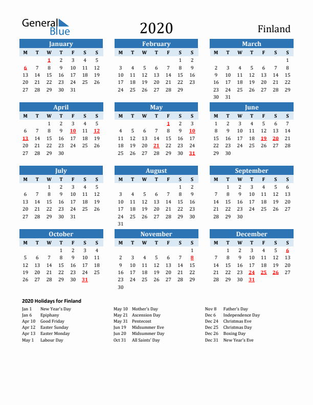 Printable Calendar 2020 with Finland Holidays (Monday Start)