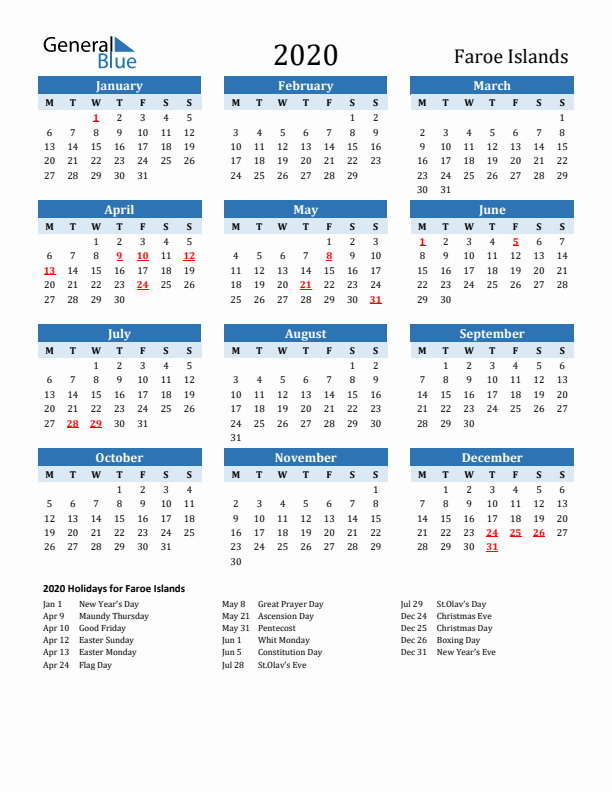 Printable Calendar 2020 with Faroe Islands Holidays (Monday Start)