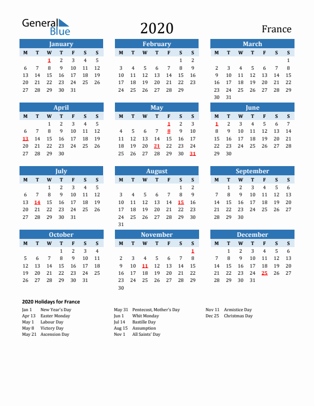 Printable Calendar 2020 with France Holidays (Monday Start)
