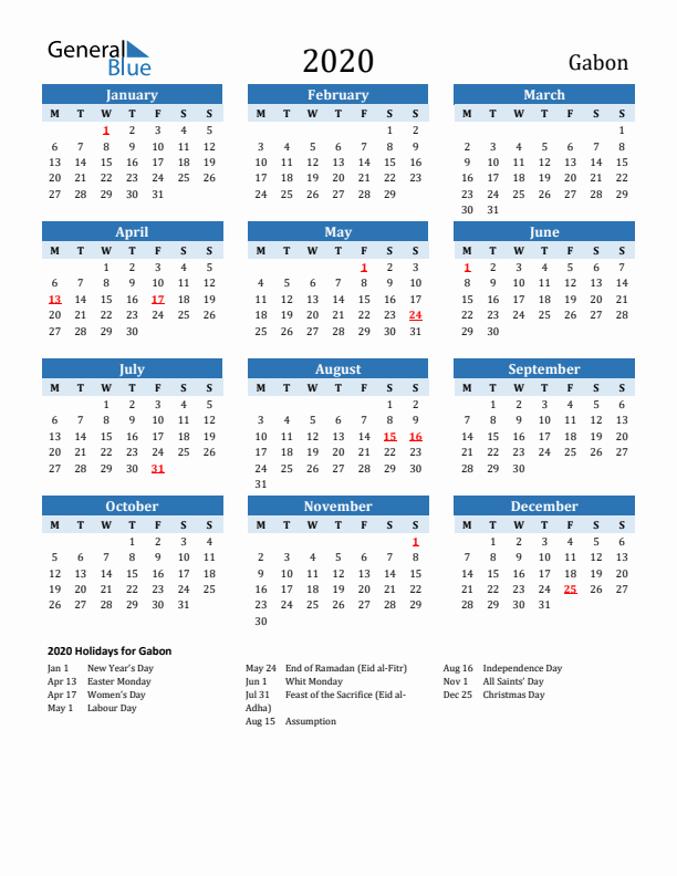 Printable Calendar 2020 with Gabon Holidays (Monday Start)