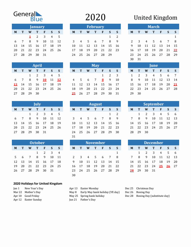 Printable Calendar 2020 with United Kingdom Holidays (Monday Start)