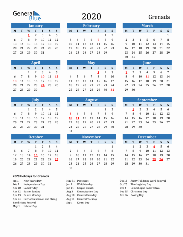 Printable Calendar 2020 with Grenada Holidays (Monday Start)