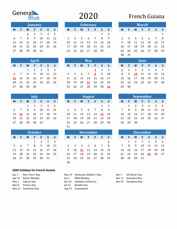 Printable Calendar 2020 with French Guiana Holidays (Monday Start)