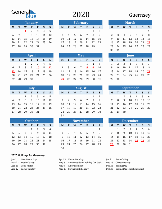 Printable Calendar 2020 with Guernsey Holidays (Monday Start)