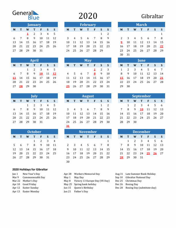 Printable Calendar 2020 with Gibraltar Holidays (Monday Start)