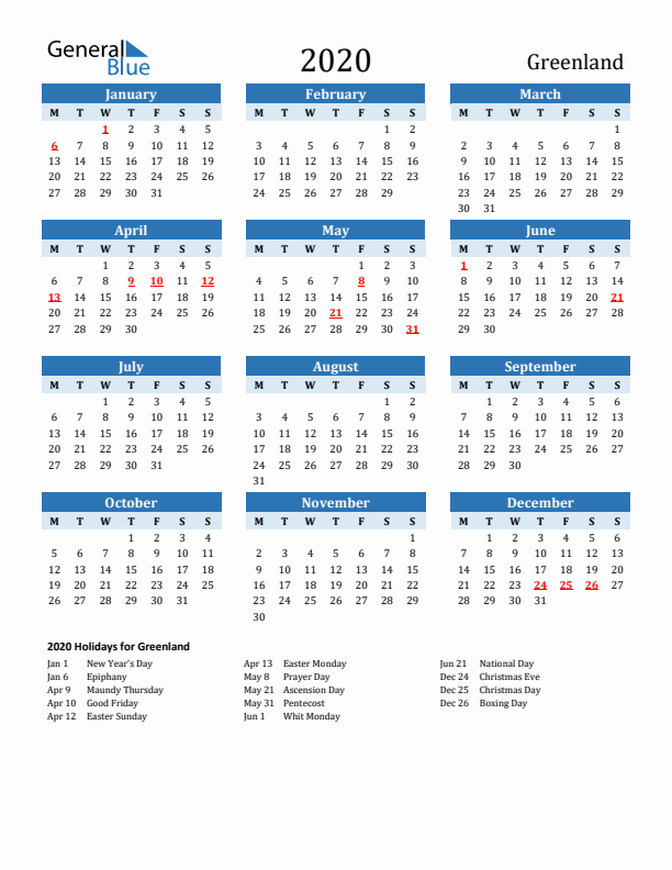 Printable Calendar 2020 with Greenland Holidays (Monday Start)