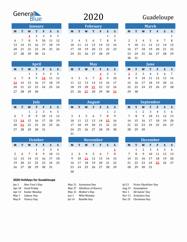 Printable Calendar 2020 with Guadeloupe Holidays (Monday Start)