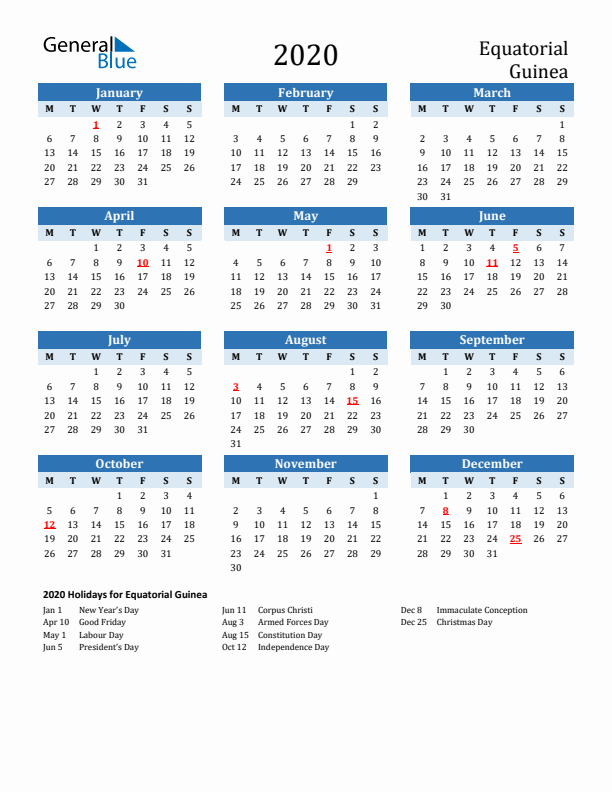 Printable Calendar 2020 with Equatorial Guinea Holidays (Monday Start)