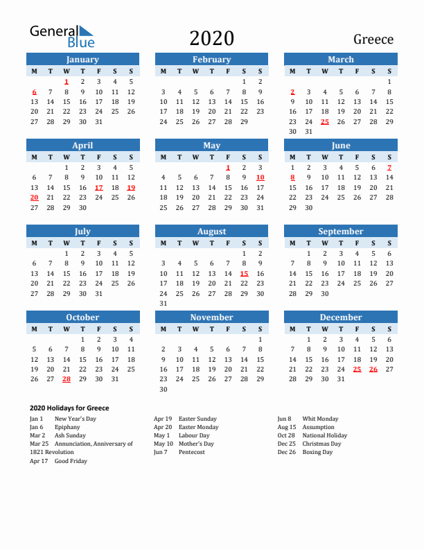 Printable Calendar 2020 with Greece Holidays (Monday Start)