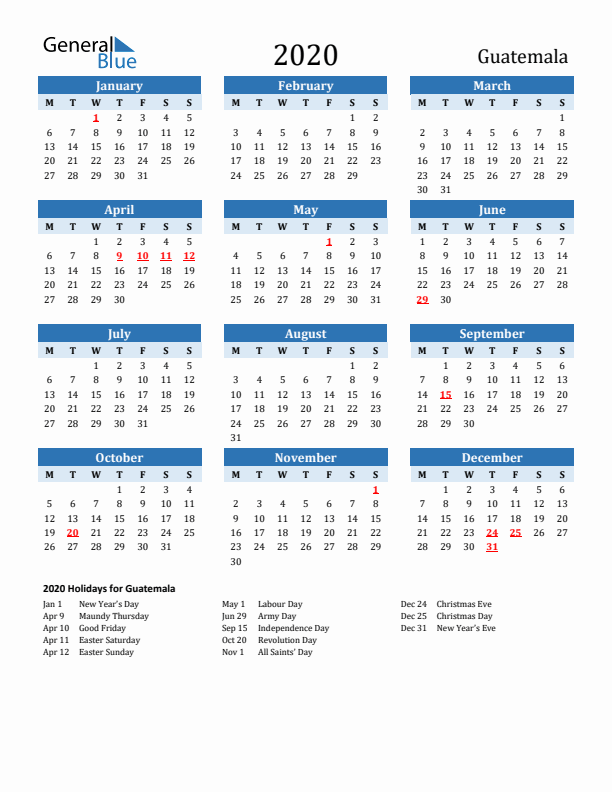Printable Calendar 2020 with Guatemala Holidays (Monday Start)