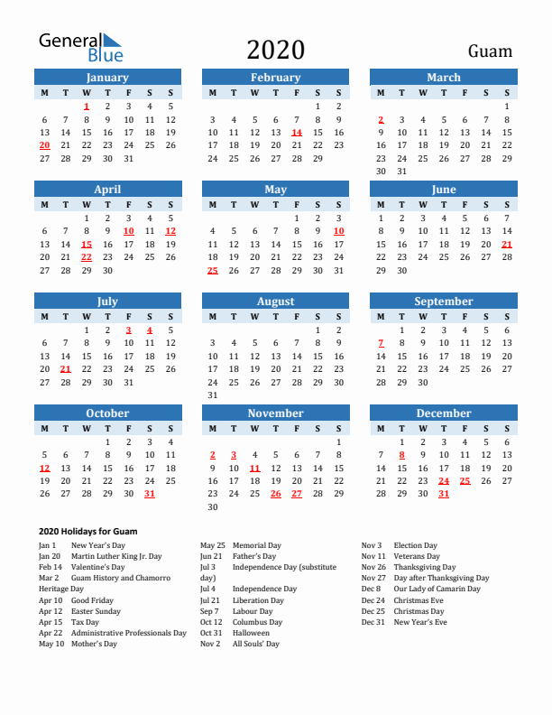 Printable Calendar 2020 with Guam Holidays (Monday Start)