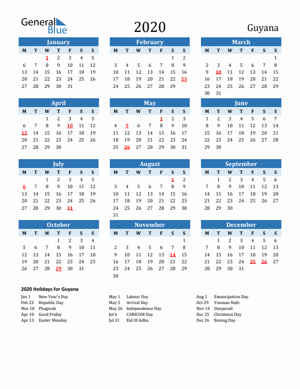 Printable Calendar 2020 with Guyana Holidays (Monday Start)