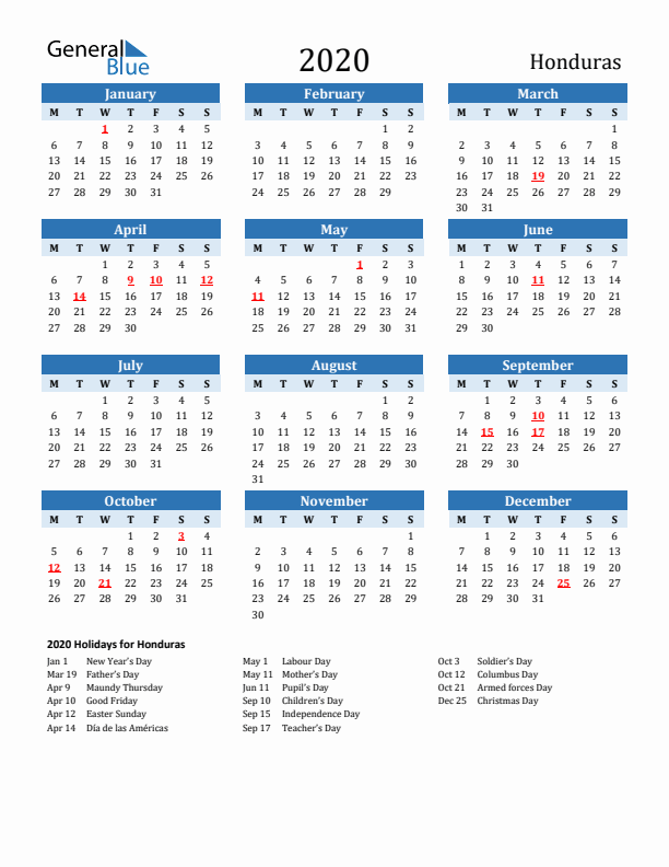 Printable Calendar 2020 with Honduras Holidays (Monday Start)