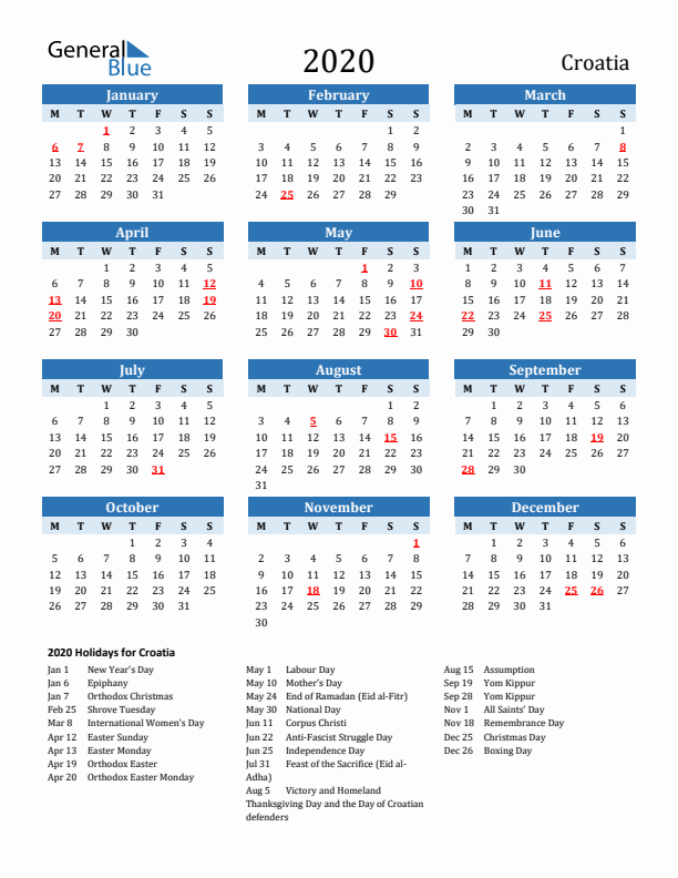 Printable Calendar 2020 with Croatia Holidays (Monday Start)