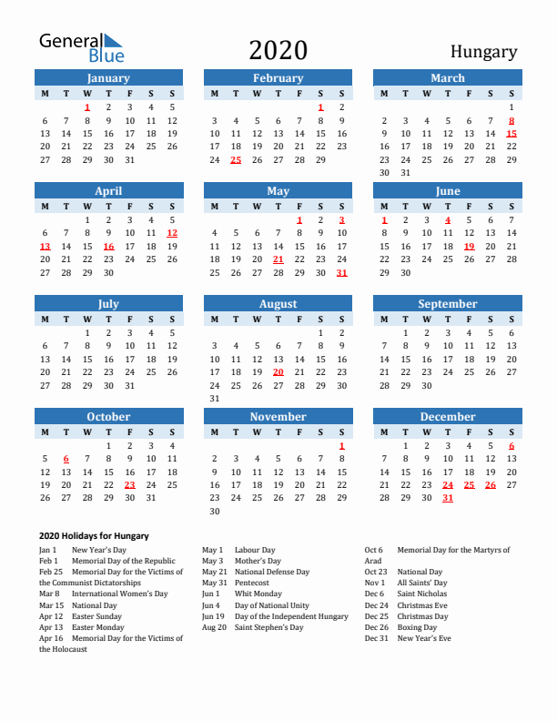 Printable Calendar 2020 with Hungary Holidays (Monday Start)