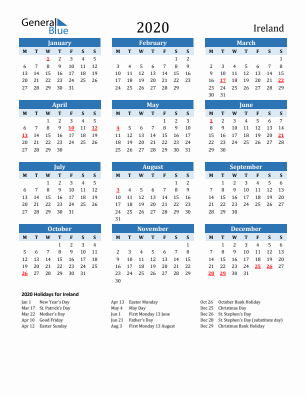 Printable Calendar 2020 with Ireland Holidays (Monday Start)