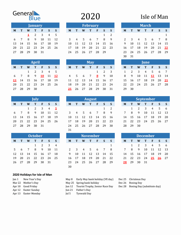 Printable Calendar 2020 with Isle of Man Holidays (Monday Start)
