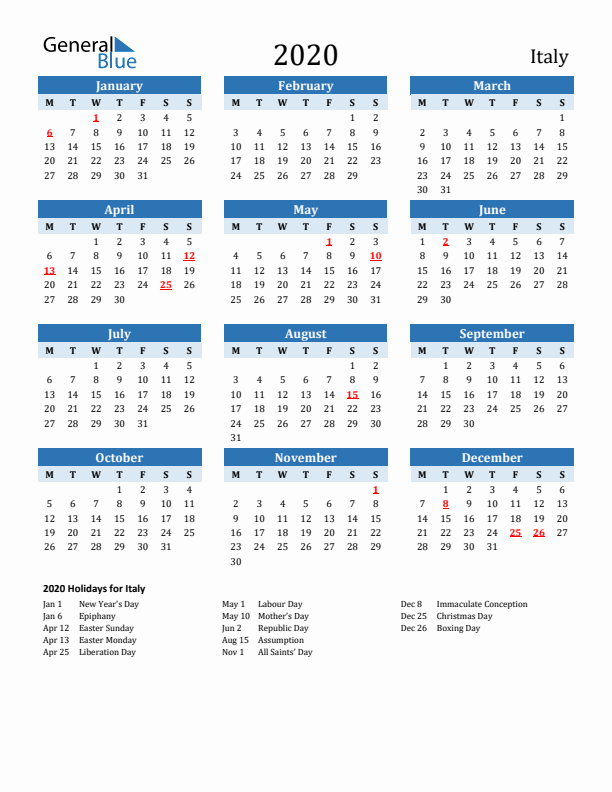Printable Calendar 2020 with Italy Holidays (Monday Start)