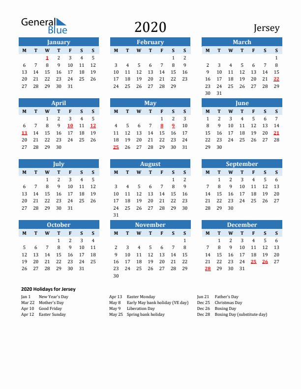 Printable Calendar 2020 with Jersey Holidays (Monday Start)