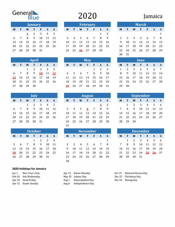 Printable Calendar 2020 with Jamaica Holidays (Monday Start)