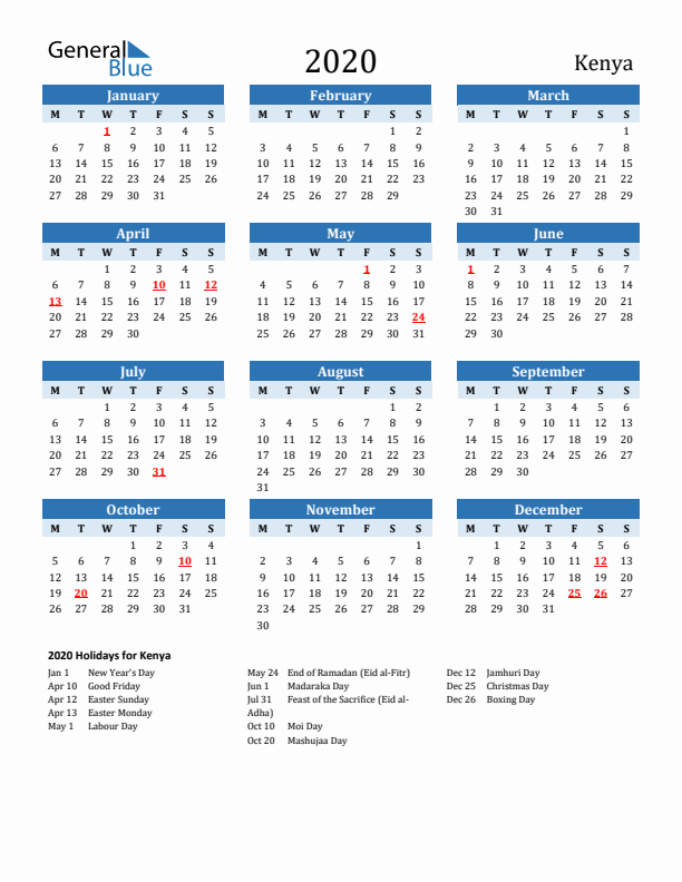 Printable Calendar 2020 with Kenya Holidays (Monday Start)