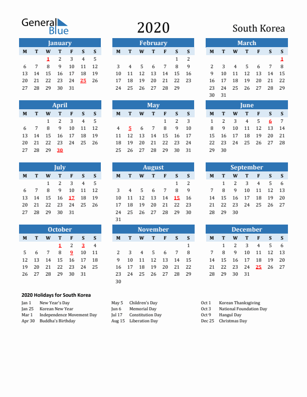 Printable Calendar 2020 with South Korea Holidays (Monday Start)