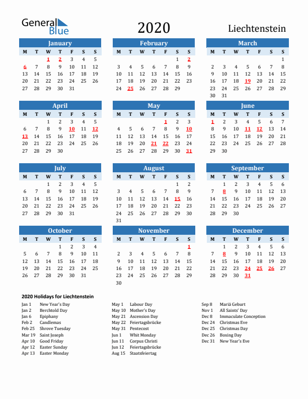 Printable Calendar 2020 with Liechtenstein Holidays (Monday Start)