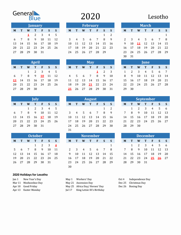 Printable Calendar 2020 with Lesotho Holidays (Monday Start)