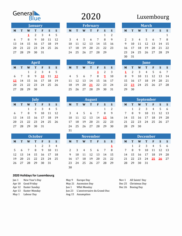 Printable Calendar 2020 with Luxembourg Holidays (Monday Start)