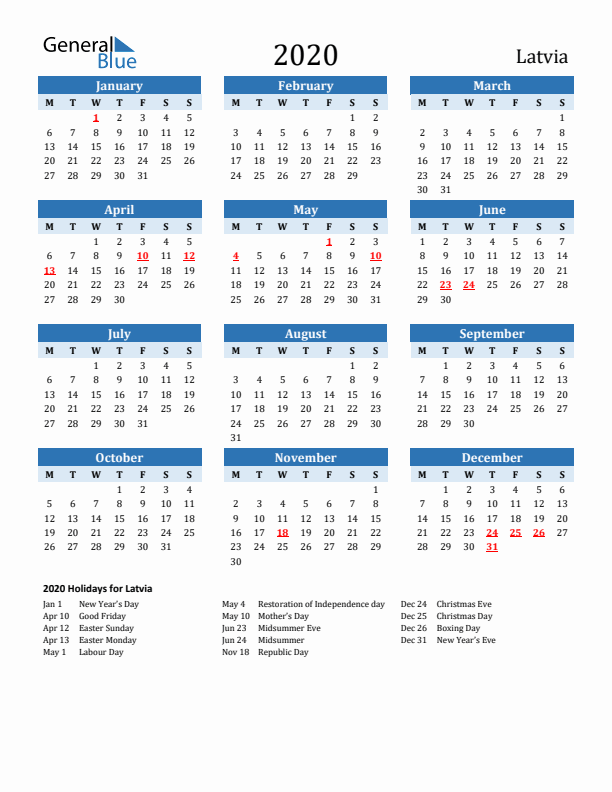 Printable Calendar 2020 with Latvia Holidays (Monday Start)