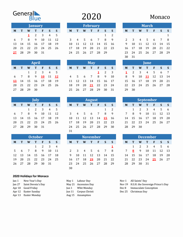 Printable Calendar 2020 with Monaco Holidays (Monday Start)
