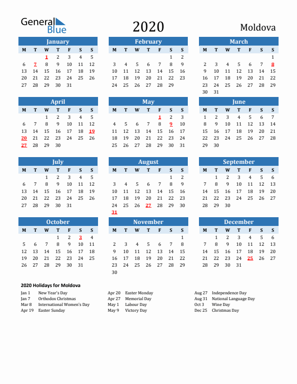 Printable Calendar 2020 with Moldova Holidays (Monday Start)