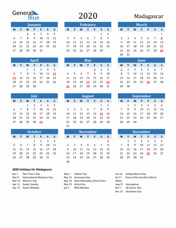 Printable Calendar 2020 with Madagascar Holidays (Monday Start)