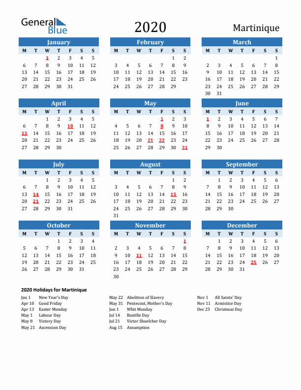 Printable Calendar 2020 with Martinique Holidays (Monday Start)