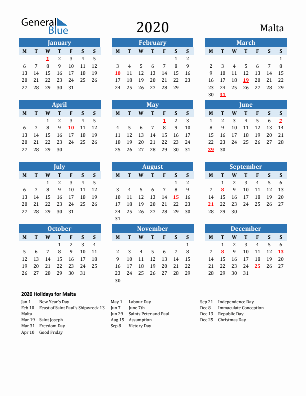 Printable Calendar 2020 with Malta Holidays (Monday Start)