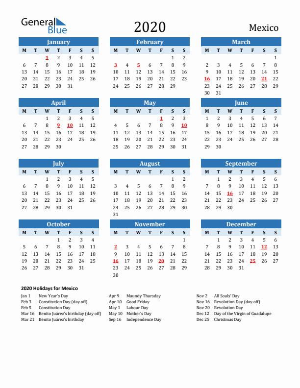 Printable Calendar 2020 with Mexico Holidays (Monday Start)