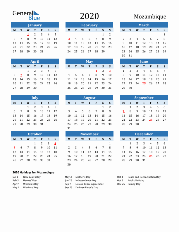 Printable Calendar 2020 with Mozambique Holidays (Monday Start)