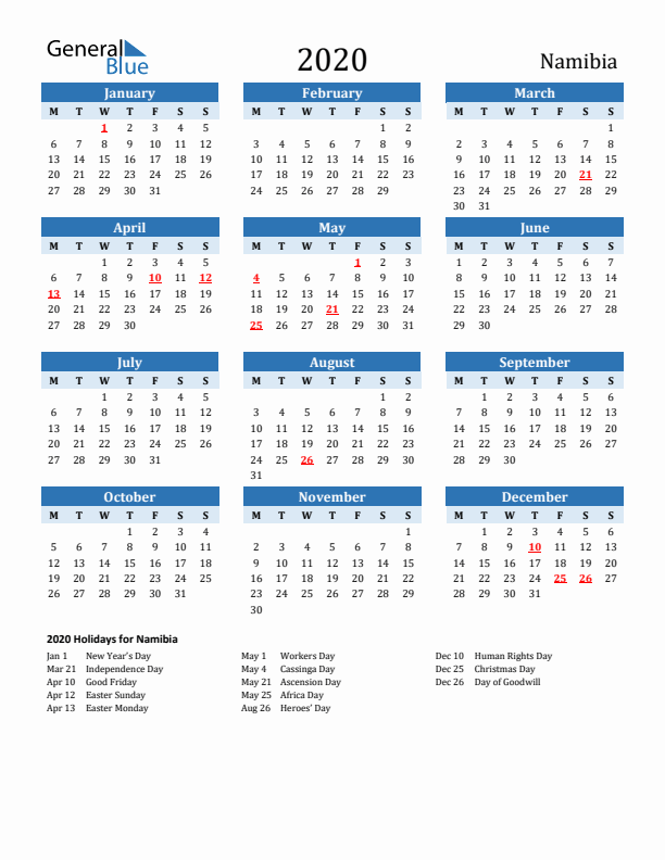 Printable Calendar 2020 with Namibia Holidays (Monday Start)