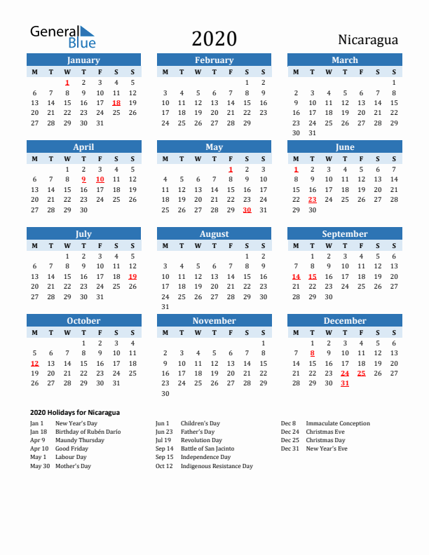 Printable Calendar 2020 with Nicaragua Holidays (Monday Start)
