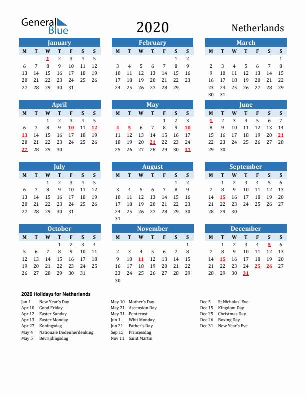 Printable Calendar 2020 with The Netherlands Holidays (Monday Start)