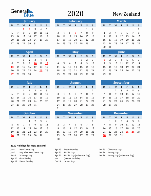 Printable Calendar 2020 with New Zealand Holidays (Monday Start)