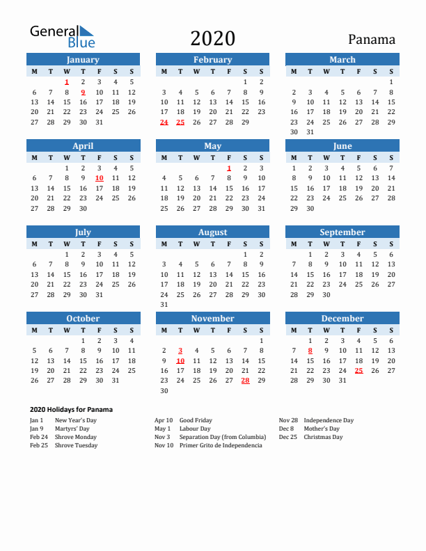 Printable Calendar 2020 with Panama Holidays (Monday Start)