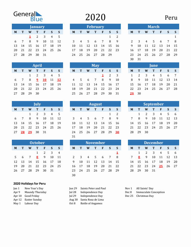 Printable Calendar 2020 with Peru Holidays (Monday Start)