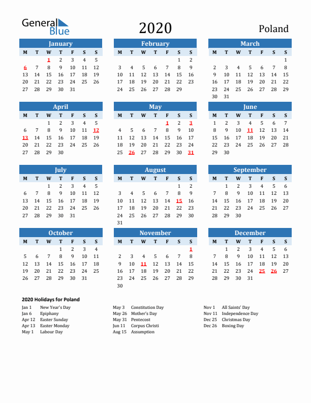 Printable Calendar 2020 with Poland Holidays (Monday Start)