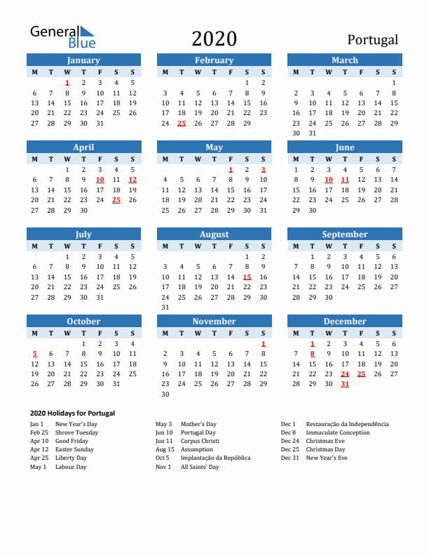Printable Calendar 2020 with Portugal Holidays (Monday Start)