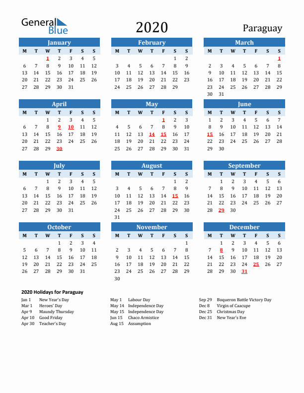 Printable Calendar 2020 with Paraguay Holidays (Monday Start)