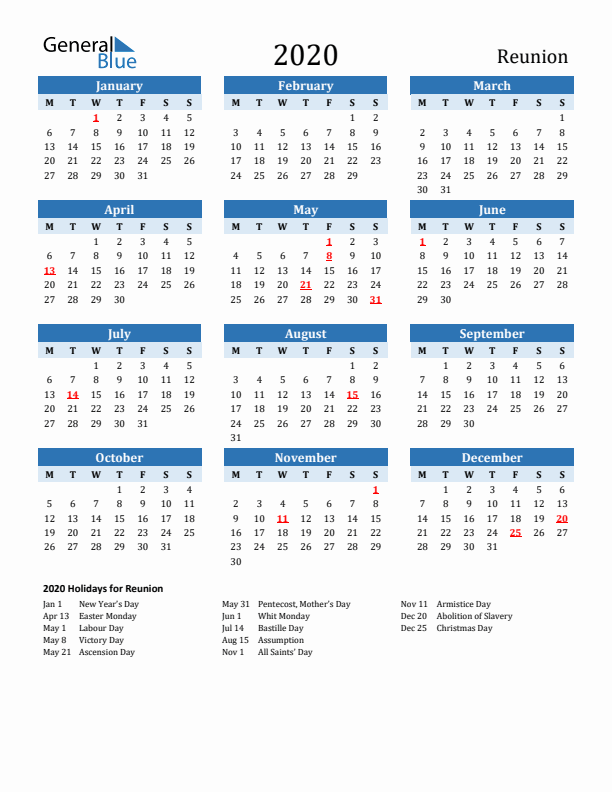 Printable Calendar 2020 with Reunion Holidays (Monday Start)