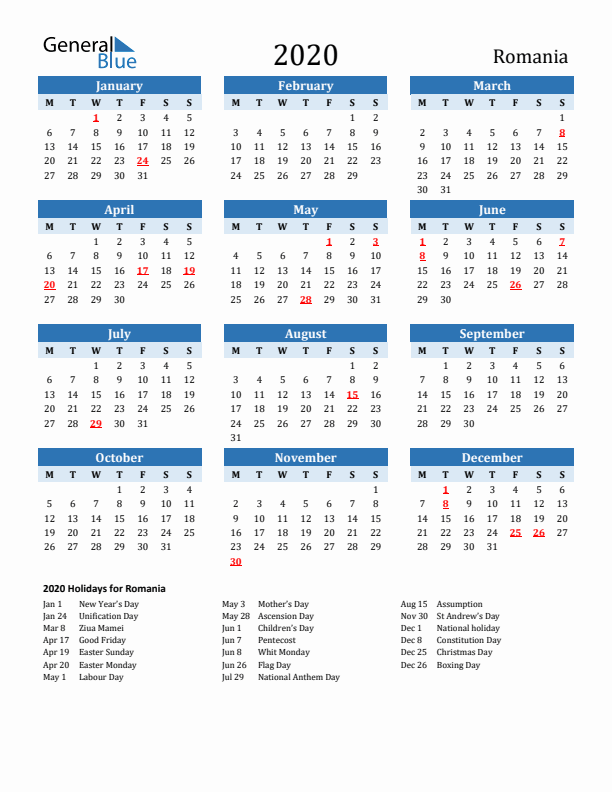 Printable Calendar 2020 with Romania Holidays (Monday Start)