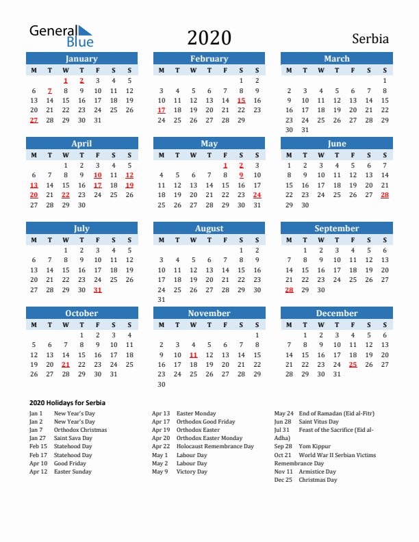 Printable Calendar 2020 with Serbia Holidays (Monday Start)